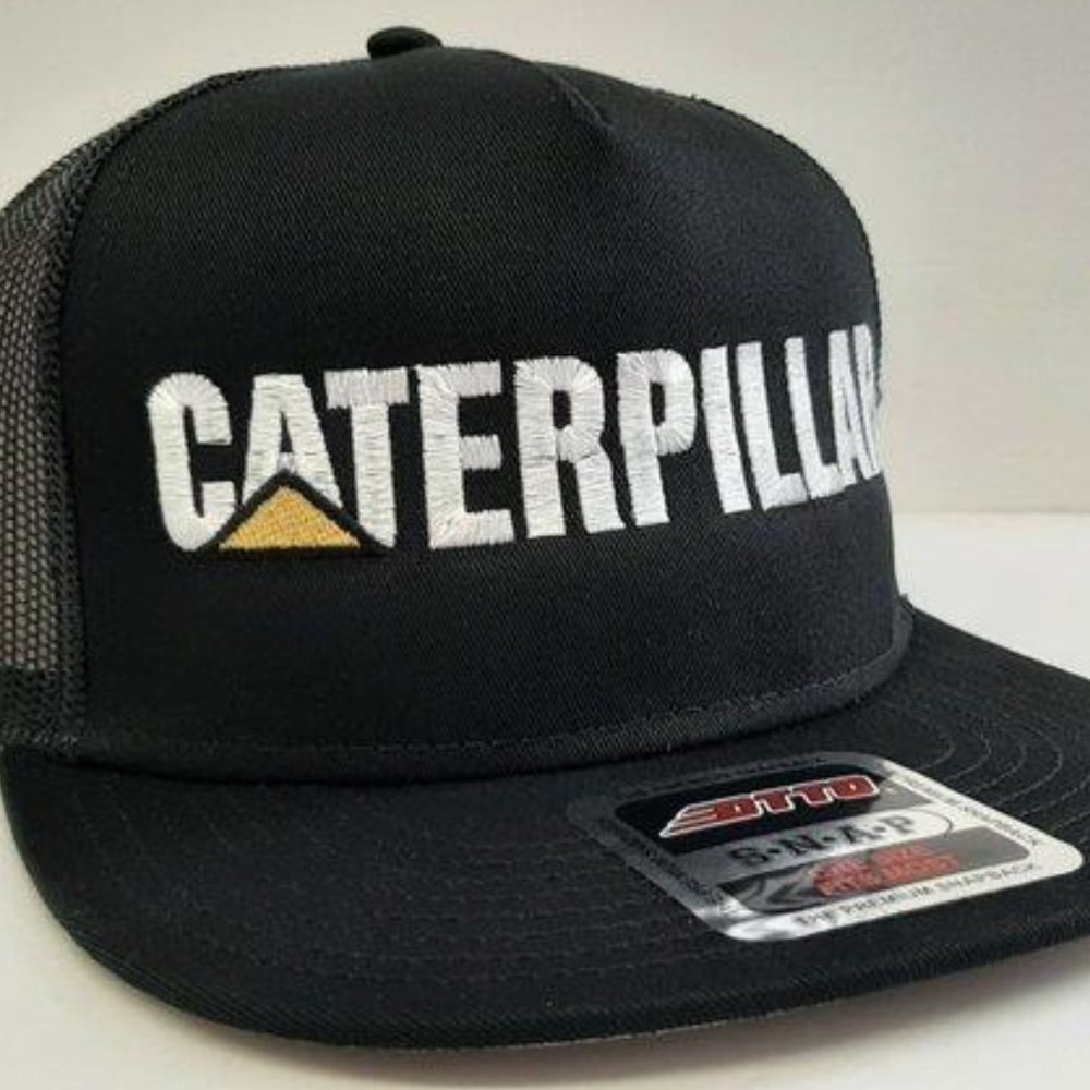CAT Caterpillar Embroidered Flat Bill Mesh Snapback Cap Hat Black Retro Vintage